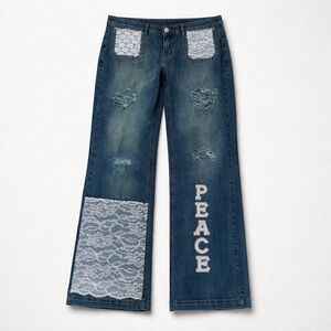 Upcycled Dark Blue Lace-Accent Flare Jeans with 'PEACE' Detail
